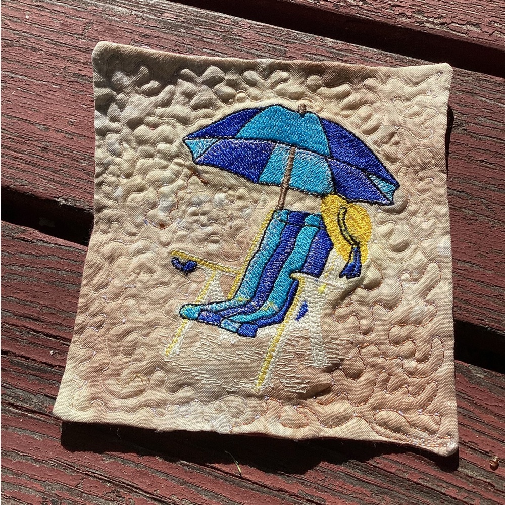Boutique: Beach Chair Embroidered Fabric mugrug, coaster